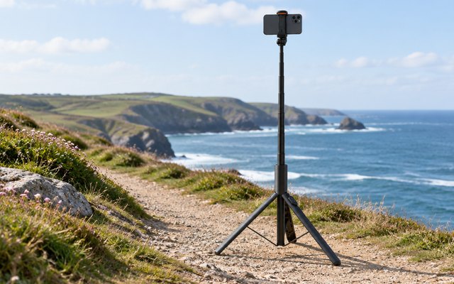 ANXRE NT79 phone tripod, standing with its legs spread on a coastal path above the sea in Cornwall, a phone held in its clamp