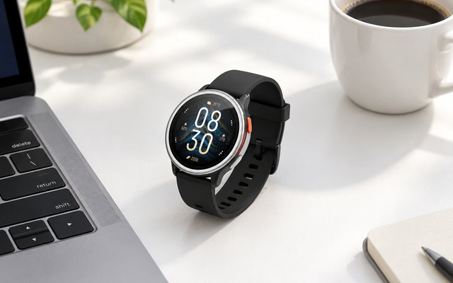 A round smartwatch with a black strap on a white desk