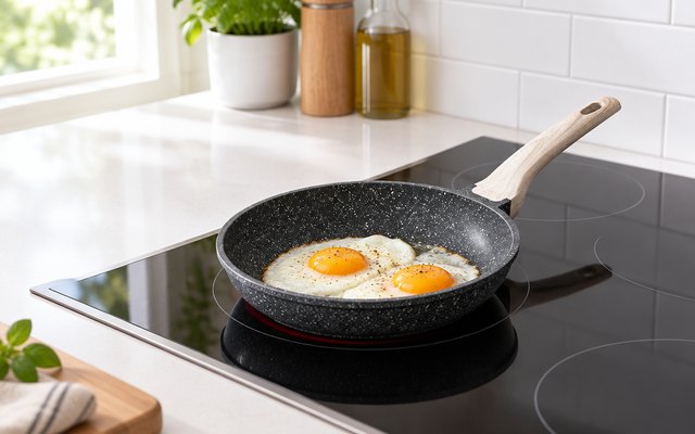 CAROTE granite frying pan, on an electric glass cooktop in a white kitchen