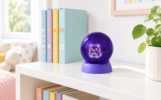 Purple ball-shaped digital pet on its stand on a white bedroom bookshelf