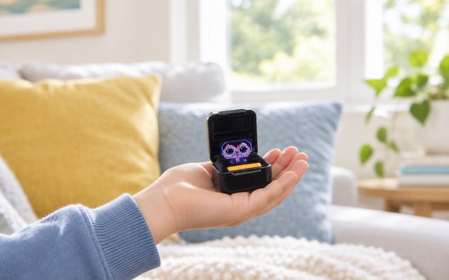A small square black digital pet pod with a glowing pixel character held in a child's hand