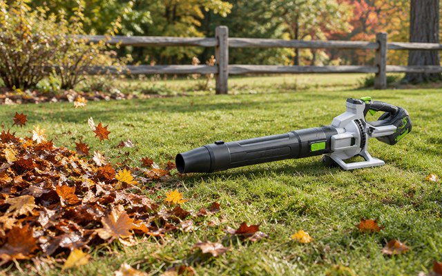 EGO 880 CFM cordless leaf blower, on a large lawn beside a heap of wet fall leaves near a split-rail fence