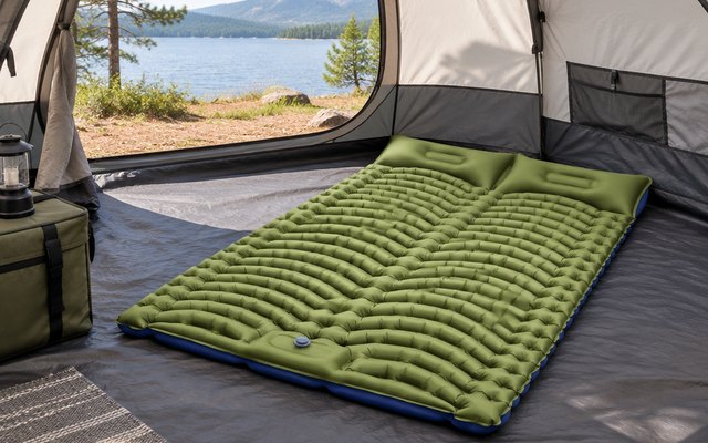 Pretyw double sleeping pad, inside a roomy family tent at a lakeside campground