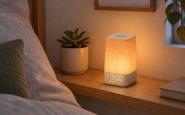 Wkzay sunrise alarm clock, on a narrow bedside shelf in a small apartment bedroom beside a potted succulent