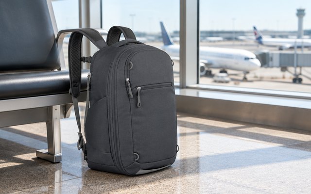 Osprey Daylite Expandable 26+6 Travel Pack, bag standing beside a window seat in a bright airport departure lounge, planes visible outside