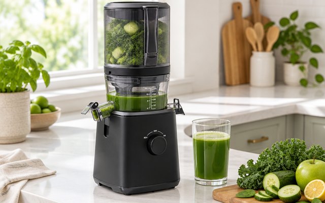 Nama J2 Hands-Free Cold Press Juicer, cold press juicer on a bright counter with a hopper full of chopped greens and a glass of green juice beside it
