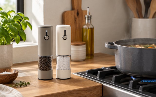 GORMODE electric grinder set, on a wooden shelf beside a stovetop, a pot simmering