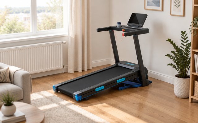 MERACH T12B2 treadmill, in the corner of a living room beside a radiator and a potted plant