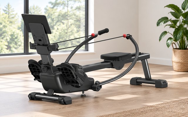 MERACH RS3 Sculling Rowing Machine, rowing machine in a bright spare room with a large window and a plant, seen from the side