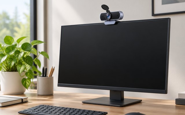 UGREEN 4K webcam, clipped to the top of a monitor on a clean home office desk with a plant