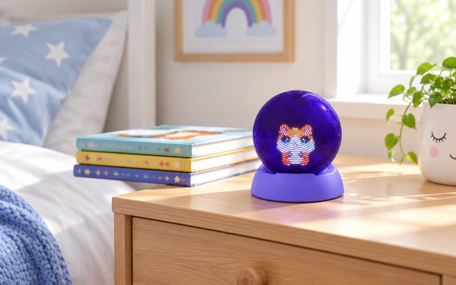 A translucent purple ball with a glowing pixel hamster inside on its stand on a bedside table