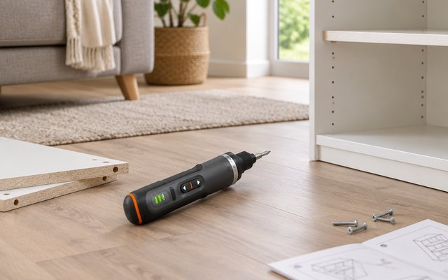 WORX 4V cordless screwdriver, on the floor of a living room beside a flat-pack bookcase being assembled