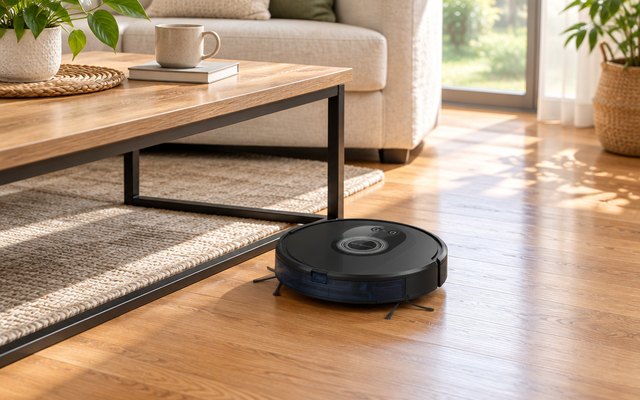 Tikom G8000 Max robot vacuum, cleaning a hardwood floor under the coffee table of a sunny living room