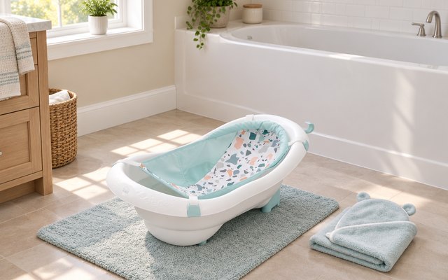 Fisher-Price 4-in-1 Sling 'n Seat Tub, on a bath mat in a sunny bathroom with a little water and the sling in place