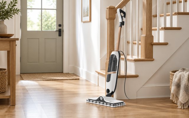 Shark SteamSpot steam mop, at the foot of a wooden staircase in a front hallway