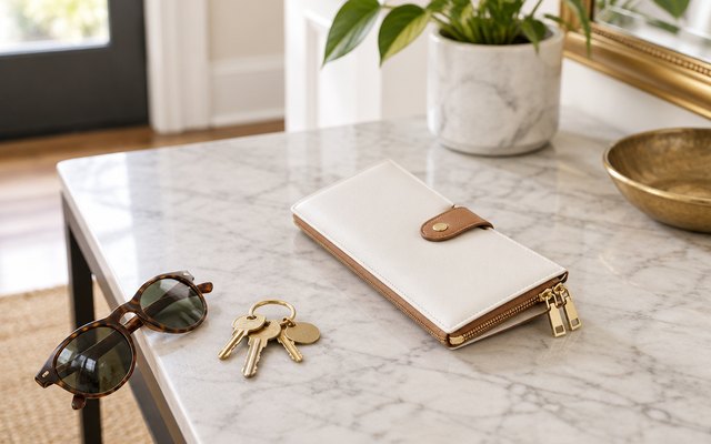 Travelambo bifold wallet, lying on a marble entryway table beside a set of keys and sunglasses