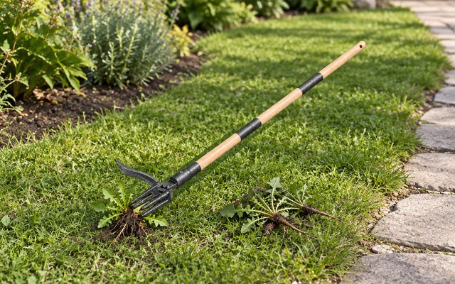 WilFiks stand-up weed puller, lying on a lawn beside a stone path, a few pulled weeds next to it