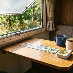 A row of bright numbered cards and a rainbow-backed draw deck on a camper van table by an open window, beside two enamel mugs