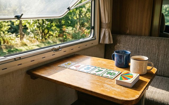 A row of bright numbered cards and a rainbow-backed draw deck on a camper van table by an open window, beside two enamel mugs
