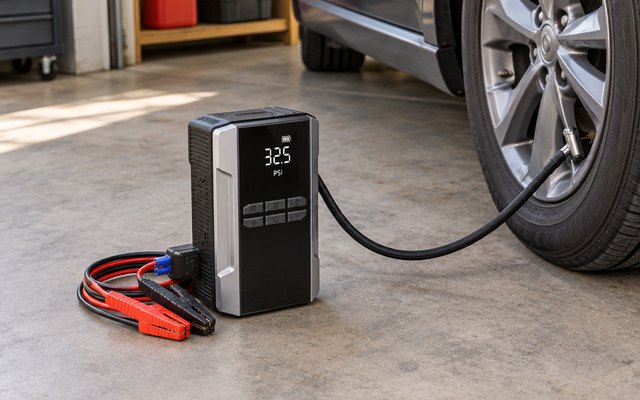 Jump starter with built-in air compressor on a garage floor beside a car tire