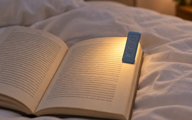 Glocusent bookmark-style light clipped into a book on the bed