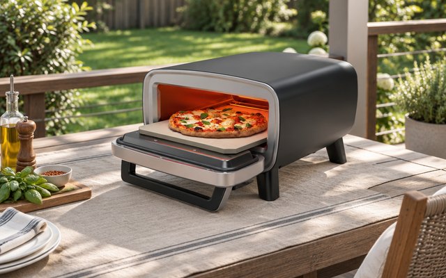 Ninja Artisan outdoor pizza oven, on a covered patio table on a backyard deck, a pizza baking inside