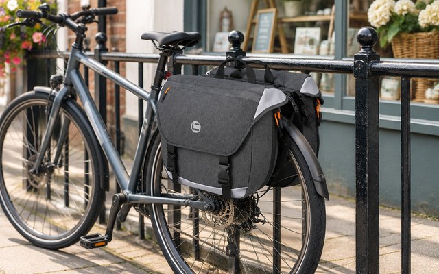 NDakter double pannier, fitted over the rear rack of a bicycle parked against railings outside a small shop on a British high street