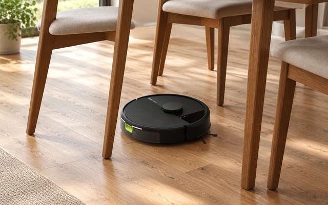 iRobot Roomba 105 robot vacuum, cleaning a wood dining-room floor between chair legs