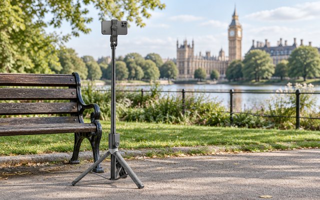 RISEOFLE phone tripod, standing beside a bench in a London park, a phone held in its clamp