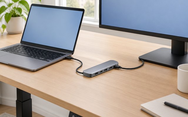 Anker 7-in-1 USB-C hub, on a standing desk beside a monitor with a plain screen