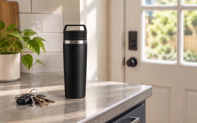 Stanley Café-To-Go mug, on a kitchen counter by the back door beside a set of keys