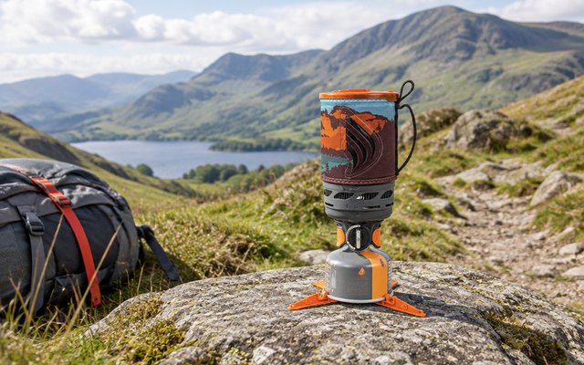 Jetboil Flash, on a flat rock beside a hiking path in the Lake District, the fells behind