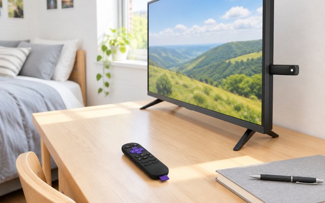 Roku Streaming Stick HD with its remote, in a sunny dorm room