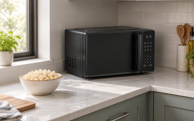 Chefman 0.7 cu ft microwave, tucked in the corner of a narrow kitchen counter beside a bowl of popcorn