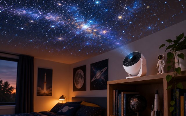 MuliVid planetarium projector, on a bookshelf in a space-themed teen bedroom, a field of stars on the ceiling