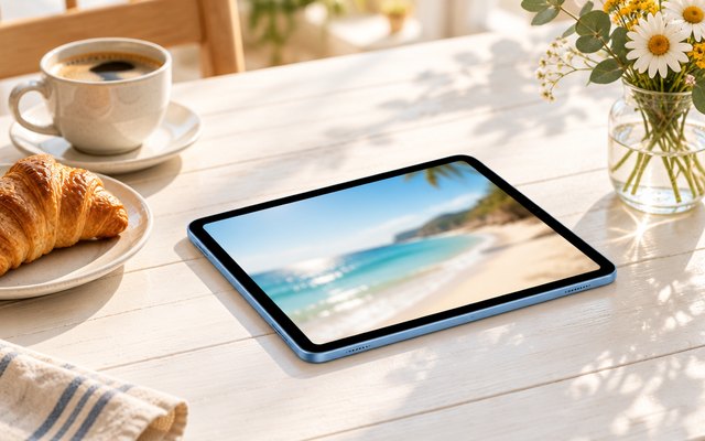 iPad 11-inch in blue on a sunny breakfast table