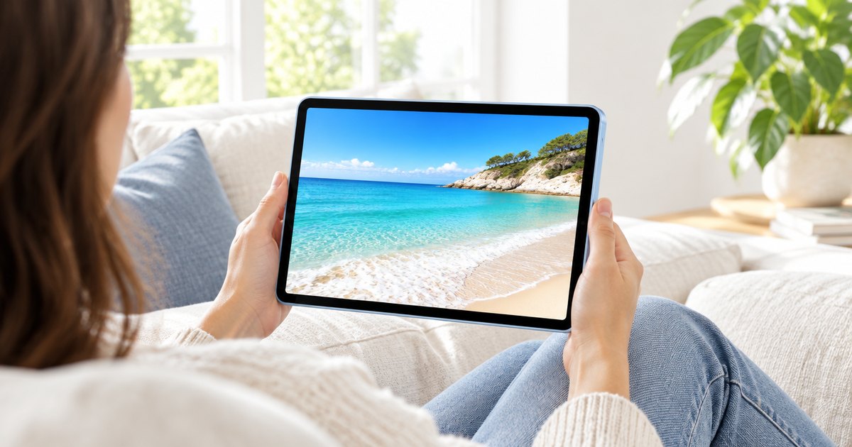 Someone on a sunny sofa looking at a beach photo on a light blue tablet