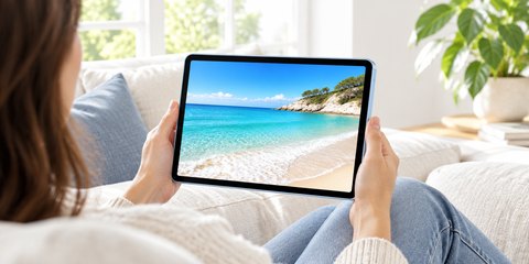 Someone on a sunny sofa looking at a beach photo on a light blue tablet
