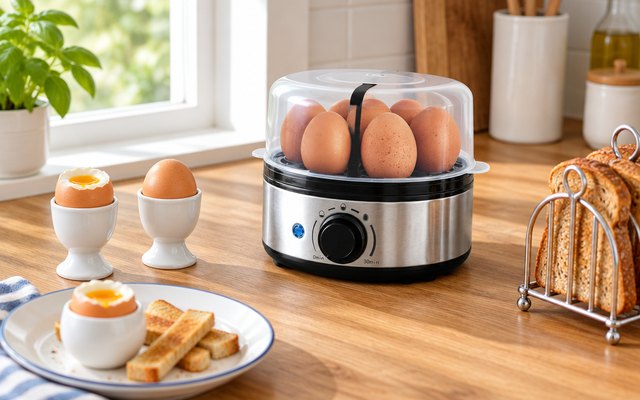 Duronic egg boiler, on a wooden worktop beside egg cups and a toast rack