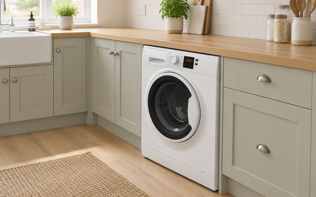 Hotpoint washing machine, fitted under a wooden worktop between cupboards in a bright British kitchen
