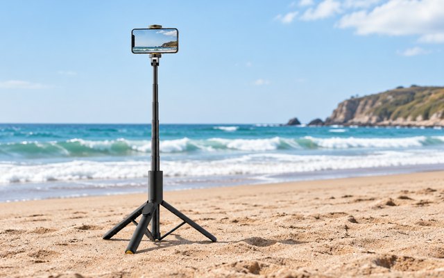 TODI selfie stick tripod, standing on a sandy beach overlooking the ocean