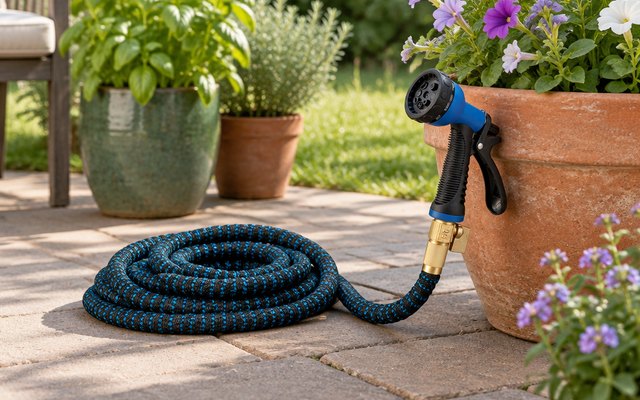 Expandable garden hose with dial spray nozzle, on a patio among potted plants, its nozzle resting beside a terracotta pot