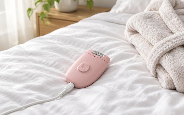Philips Series 2000 epilator, on a bed with a soft white duvet beside a folded robe