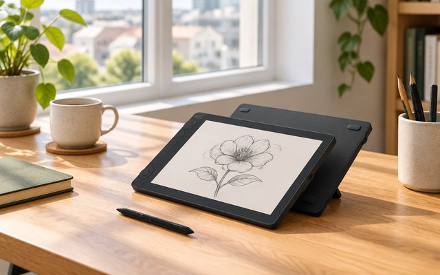 HUION Kamvas 13 pen display, on a wooden desk in a bright apartment by a window