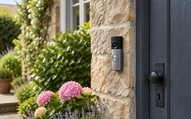Ring Wired Doorbell 4K Pro, mounted on a stone cottage door frame with flowers by the step
