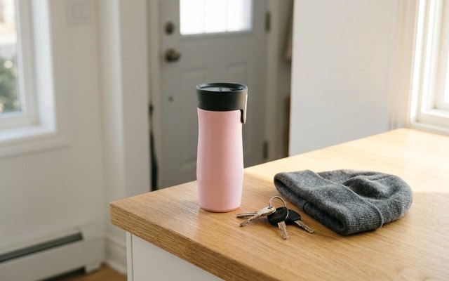 Pale pink travel mug on a sunny oak counter by the front door, beside car keys and a grey toque