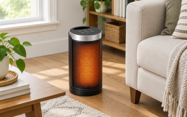 WINHL ceramic space heater, glowing on the floor of a bright living room beside a sofa