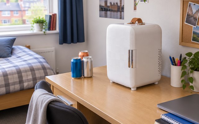 Subcold Pro10 mini fridge, on a desk in a British student bedroom, a few cans of drink beside it