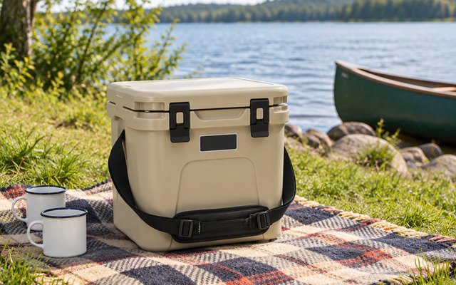 YETI Roadie 24 hard cooler in tan, on a picnic blanket by a lake with two enamel mugs