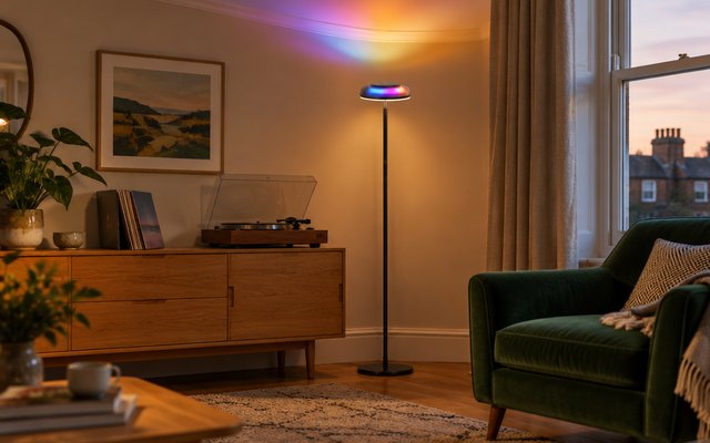 Govee uplighter floor lamp, glowing beside a sideboard and record player in a sitting room in the evening